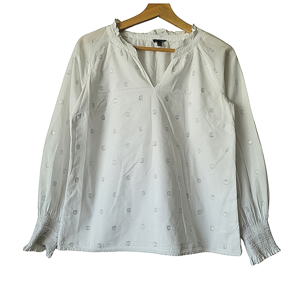 Talbots Vintage Cotton Silver Polka Dots Long Sleeve Top in White Size XS